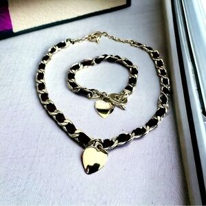 Women Jewelry Set Interlaced Brown Silver Heart Pendant Necklace & Bracelet Set